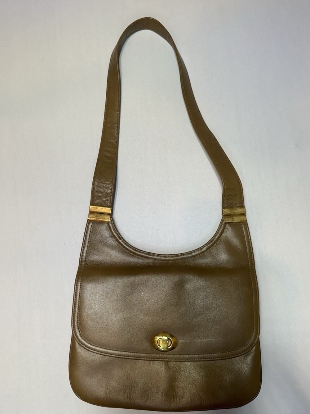 Vtg Susan Gail Brown Leather Shoulder Bag Purse MCM Turnlock Handbag Minimalist